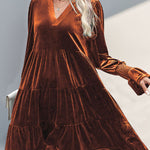 A-Line Long Sleeves Pleated Solid Color Velvet V-Neck Mini Dresses