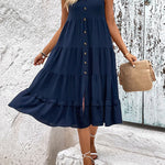 Loose Sleeveless Buttoned Solid Color Tiered Round-neck Midi Dresses