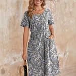 Zeagoo Womens Midi Dress Short Sleeve A-Line Cotton Linen Dress