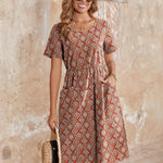 Zeagoo Womens Midi Dress Short Sleeve A-Line Cotton Linen Dress