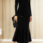 Velvet V-neck pleated hip skirt elegant fishtail slim dress evening dress