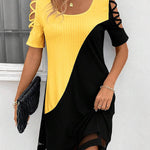 A-Line Loose Contrast Color Hollow Mesh Split-Joint Cold Shoulder Mini Dresses