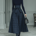 Women's Dark Blue High Elastic Knit And Plaid Wool Skirt Set