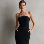 Women's Elegant Black Stretch Strapless Bodycon Midi Dress
