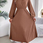 A-Line High Waisted Elasticity Pleated Solid Color V-Neck Maxi Dresses