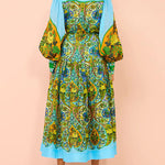 High Waisted Loose Puff Sleeves Belted Floral Printed Lapel Midi Dresses