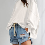 Long Sleeves Loose Fringed Solid Color Split-Joint Split-Side Round-Neck Sweatershirt