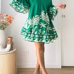 A-Line Flared Sleeves Flower Print Pleated Split-Joint V-Neck Mini Dresses