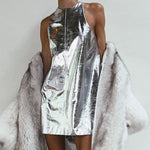 A-line Loose Shiny Solid Color Zipper Round-neck Mini Dresses