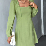 A-Line High Waisted Solid Color Split-Joint Square-Neck Mini Dresses