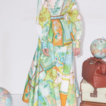 Travel Around The World Unique Print Balloon Sleeve Belt Shirt Midi Dress
