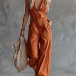 Casual Fashion Western V-neck Front-button Sleeveless Rust-orange Denim Jumpsuit