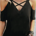 Black Criss Cross V Neck Cold Shoulder T-shirt