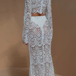 Balmy Summers Crochet Lace Floral Pattern Elastic Waist Fishtail Vacation Maxi Skirt