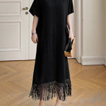 Loose Short Sleeves Solid Color Split-Joint Tasseled V-Neck Midi Dresses
