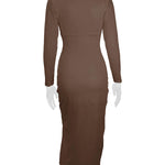Bodycon Elasticated Waist Pleated Solid Color Split-Joint Split-Side Deep V-Neck Midi Dresses