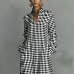 Women's Minimalist Cotton Plaid V-neck Long-sleeved Maxi Dress
