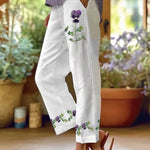 Women's Purple Floral Pansy Dementia Alzheimer's Disease Awareness Printed Cotton and Linen Casual Pants