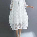 Half Sleeves Loose Hollow Solid Color Round-Neck Midi Dresses