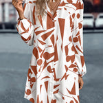 Loose Puff Sleeves Printed Split-Joint Lapel Mini Dresses Shirt Dress