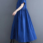 Simple Short Sleeves Loose Buttoned Falbala Split-Joint Solid Color Midi Shirt Dress