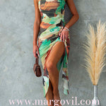 Ruched Drape Front Printed Bodycon Midi Cami Dress