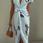 White Leaf Short Sleeve Satin Wrap Sheath Midi Dress