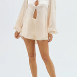 Alexis Satin Cutout Button Balloon Sleeve Shirt and Mid Waist Bow Detail Pocket Shorts Set