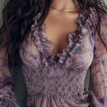 Romantic Lavender Floral Ruffled Chiffon Blouse With Smocked Waist