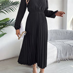 A-Line High Waisted Elasticity Pleated Solid Color V-Neck Maxi Dresses