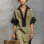 Women's Minimalist Linen Blend Color-blocked Short-sleeved Maxi Dress
