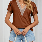 Zeagoo Zeagoo Women's Contrast Lace Trim V Neck Blouses Petal Short Sleeve Tunic Loose Casual Soft Shirts