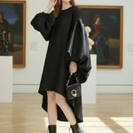 Batwing Sleeves High-Low Pleated Solid Color Split-Joint Round-Neck Midi Dresses