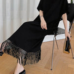 Loose Short Sleeves Solid Color Split-Joint Tasseled V-Neck Midi Dresses