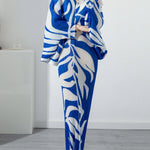 Original Batwing Sleeves Long Sleeves Contrast Color Printed Pleated V-Neck Midi Dresses