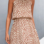 A-Line High Waisted Elasticity Leaves Print Pleated Halter-Neck Mini Dresses