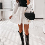 Long Sleeves Loose Contrast Color Pleated Split-Joint Lapel Mini Dresses
