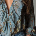 Printed Ruffled Zip-Front Chiffon Blouse – Mist Blue Snake Floral