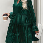 A-Line Long Sleeves Pleated Solid Color Velvet V-Neck Mini Dresses