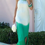 Vibrant Ombré Print Ruched One Shoulder Tassle Trim Vacation Maxi Dress