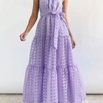 Loose Sleeveless Plaid Ribbed Stand Collar Maxi Dresses