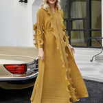 Original Loose Long Sleeves Tied Pleated Falbala Solid Color V-Neck Maxi Dresses