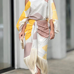 Unique Printed Balloon Sleeve Loose Top and Fringed Hem Skirt Set