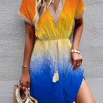 A-Line Loose Elasticity Gradient Hollow Split-Joint Tasseled Tied Waist V-Neck Mini Dresses