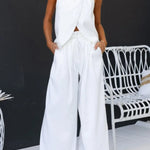 Sleeveless Halter Slit Top Paperbag Waist Wide Leg Pants Set