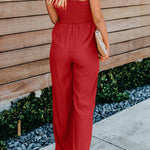 Red Smocked Ruffle Strap Pocket Wide Leg Jumpsuit