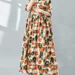 Half Sleeves Loose Pleated Printed Split-Joint Round-Neck Midi Dresses
