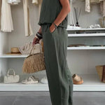 Leva Linen Blend Drawstring Short Sleeve Top and Elastic Waist Pocket Loose Tapered Pants