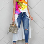 High-Low Loose Flower Print Round-Neck Blouses&Shirts Tops Vest Top