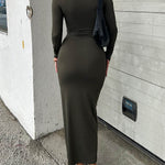 Bodycon Long Sleeves Solid Color Split-Joint Round-Neck Maxi Dresses